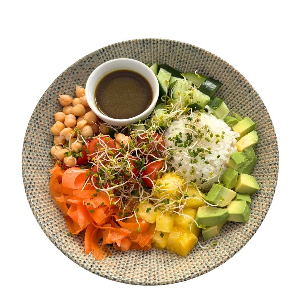 The Nomad poké bowl with rice, avocado, mango, edamame and tofu.